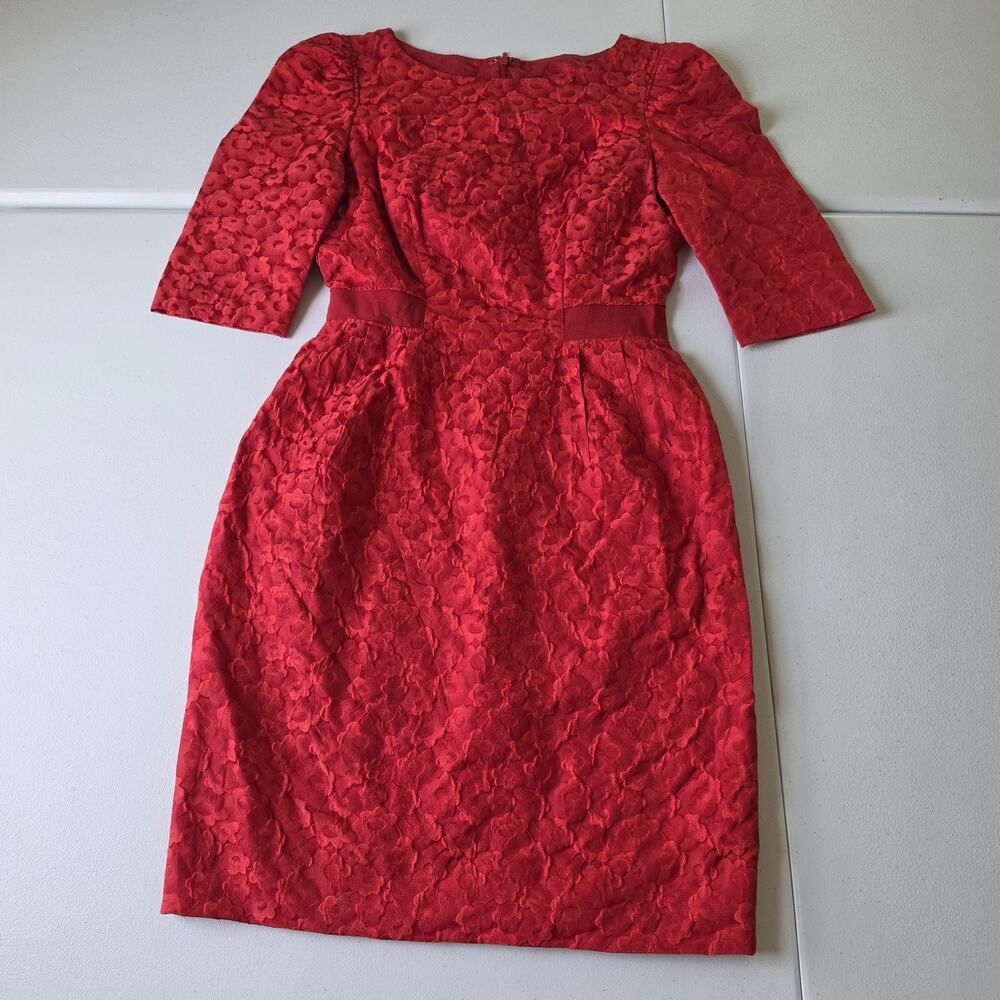 Carolina Herrera Dress Womens 4 Red Floral Jacquard Sheath Knee Length Party